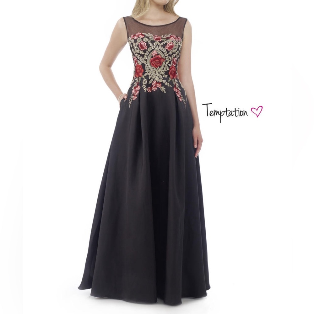 TEMPTATION Black Prom Dress Floral Corset Size 4 Gold Rose Mesh Collar Pockets
